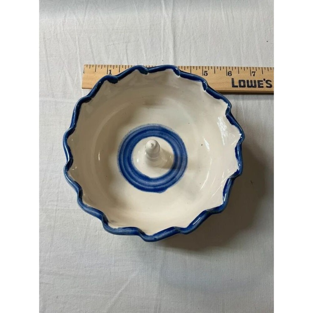 Artisan Studio Pottery Hand Painted Blue Scalloped Ceramic Ring Dish Bowl 6.5"